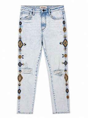 Driftwood Gizelle Jeans 26 Southwest Aztec Embroidered Acid Wash Boho Distressed